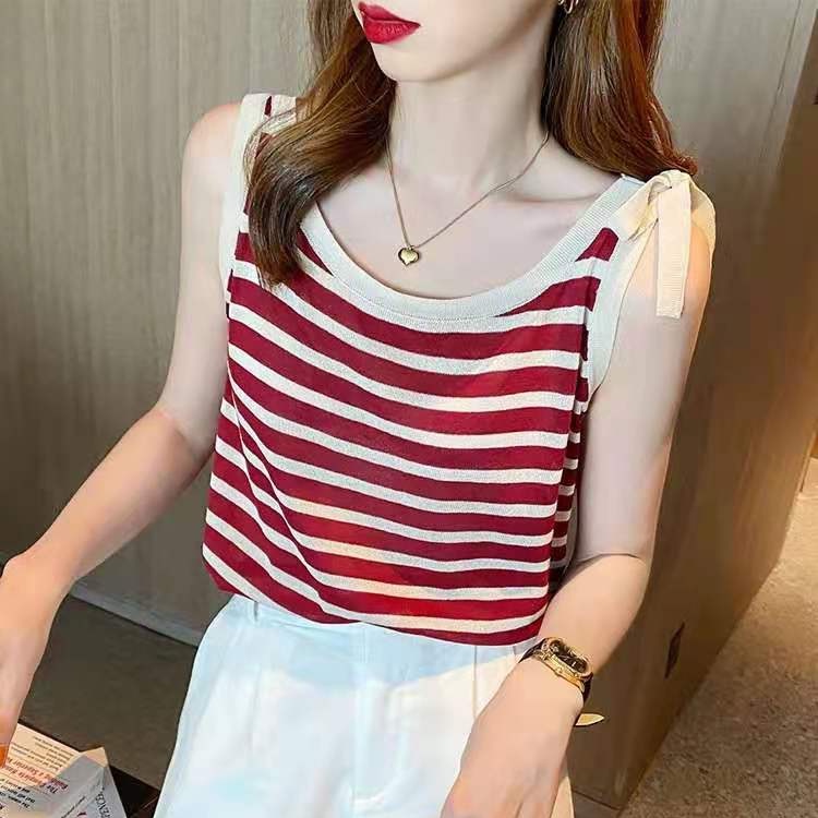 SUXI Áo Tank Top Dệt Kim Dáng Rộng Sát Nách Kẻ Sọc Đính Nơ Thời Trang Mùa Hè Cho Nữ