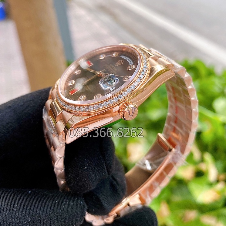 Đồng hồ nam Rolex đồng hồ cơ Automatic mẫu Classic 2 lịch nâu cafe viền đá size 40-41mm