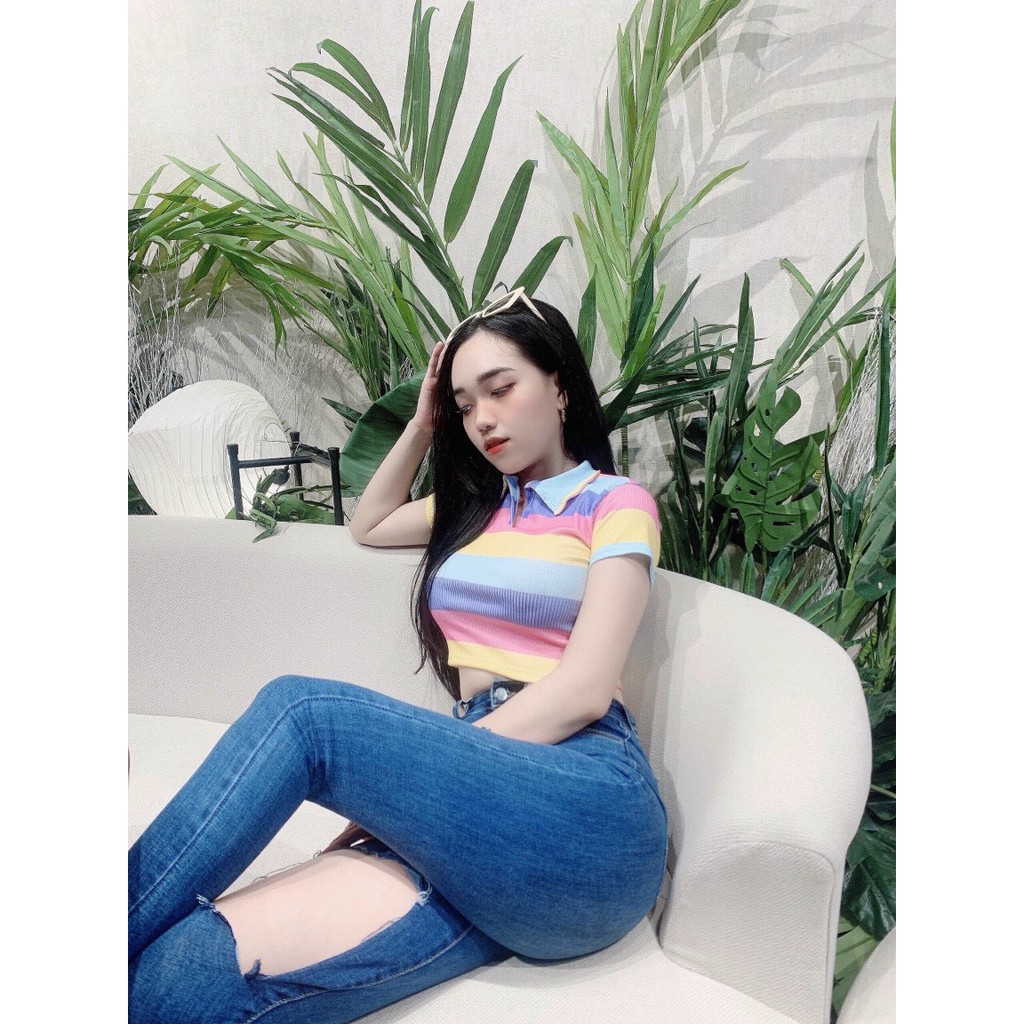 Áo thun gân croptop vải xịn 7 sắc màu cổ bẻ tay ngắn thời trang TTSA1154