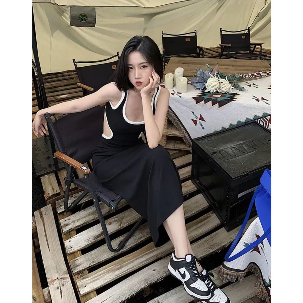 Đầm Hở Eo Dài Dáng Không Tay Thời Trang Mùa Hè Váy Body Sexy Đen Nữ