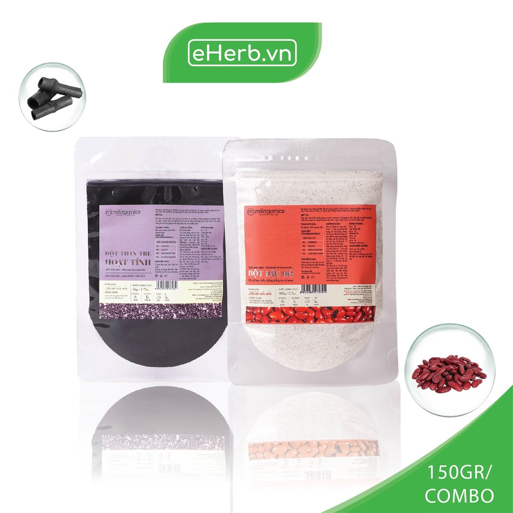 Combo Mặt Nạ Bột Tẩy Tế Bào Chết, Detox Da Bột Than Hoạt Tính &amp; Bột Đậu Đỏ MILAGANICS (150g/ Combo)