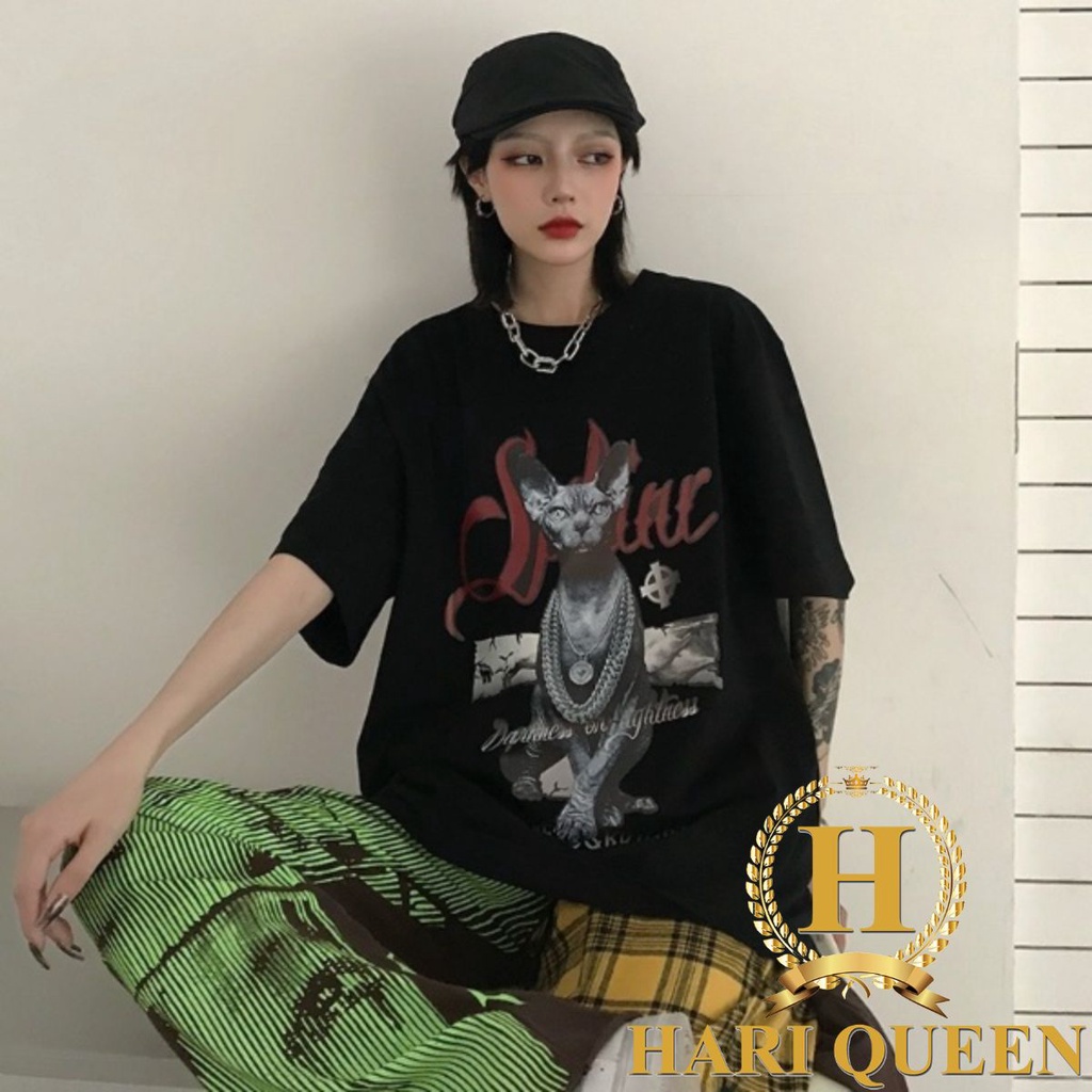 Áo phông Unisex nam nữ Cat đeo vòng form rộng đẹp- Áo thun tay lỡ kiểu hàn quốc vải cotton HARI in hoạ tiết