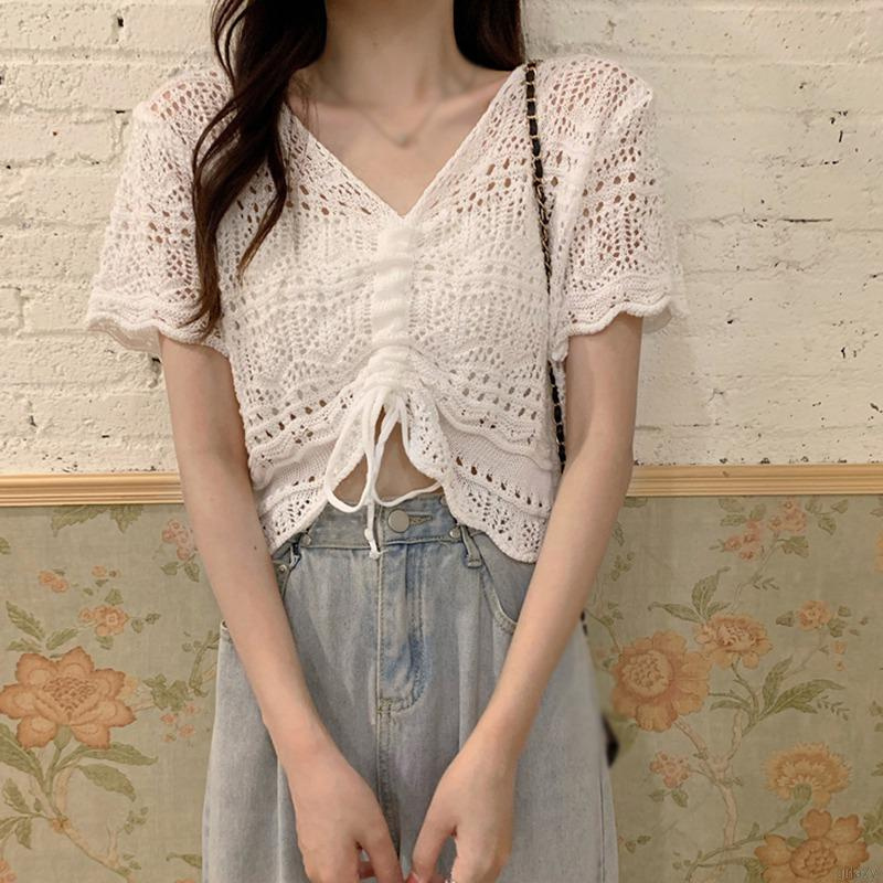 Áo Len Tay Ngắn Màu Sắc Đơn Giản Phong Cách Hàn Quốc Cho Nữ