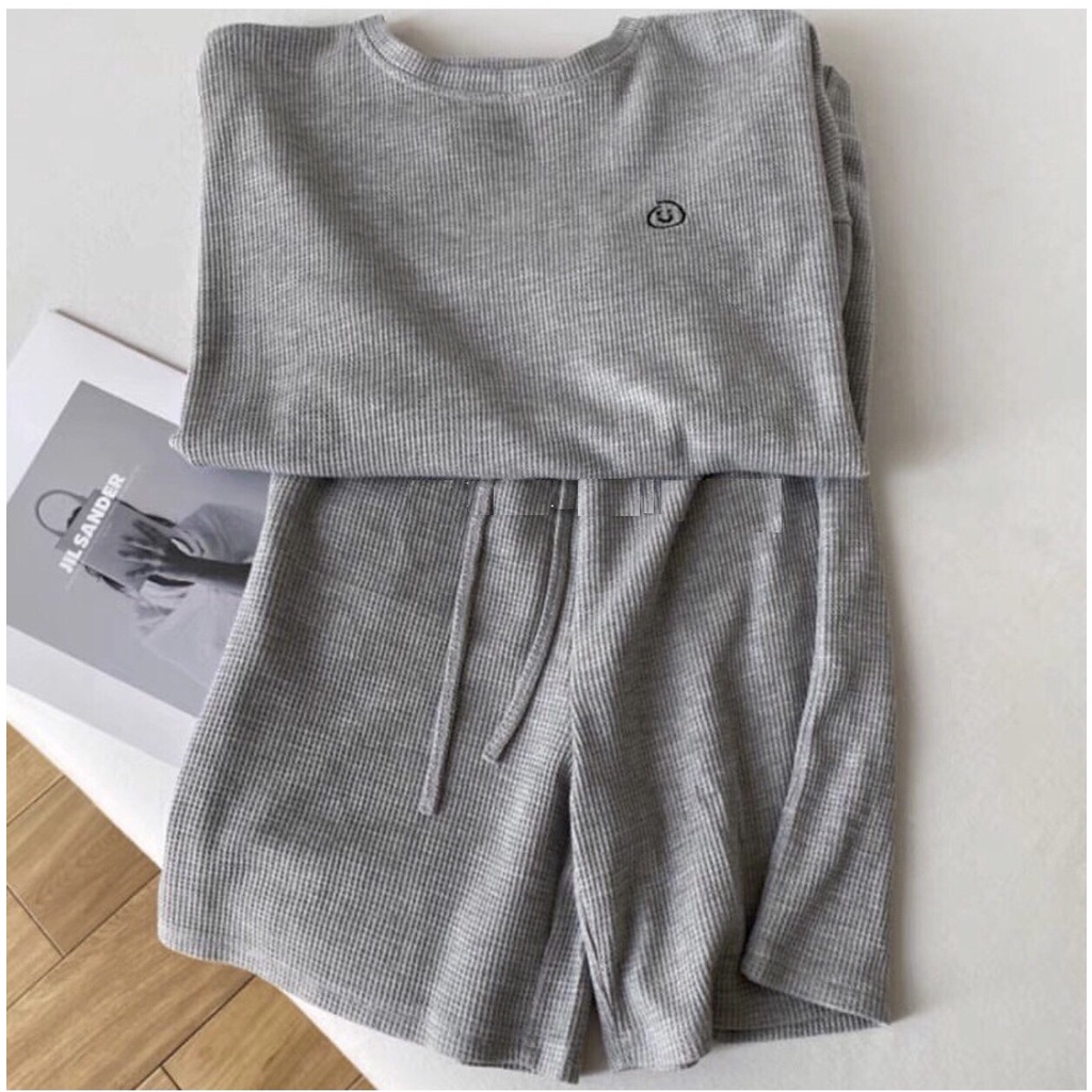 Set Icon Mặt Cười Nhỏ PEONYB Nữ [FREESHIP]  Bộ quần short ống rộng kèm áo thun dài tay bồng, sweater cá tính Ulzzang