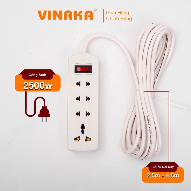 Ổ cắm điện 4 lỗ 3 chấu VINAKA chịu tải 2500W công tắc bật tắt cao cấp E4T