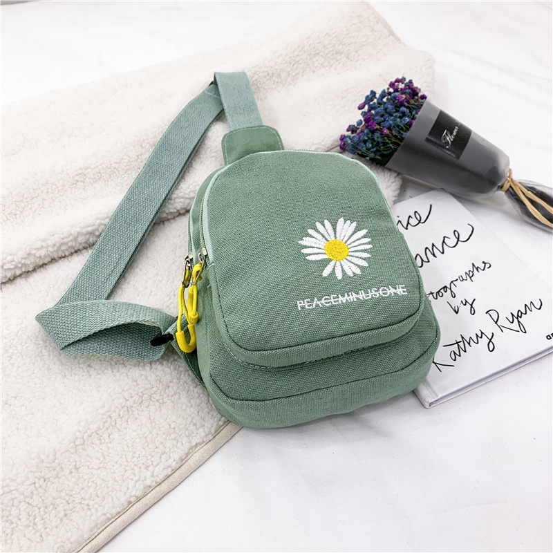 Túi Đeo Chéo Ngực Vải Canvas Thêu Hoa Cúc Nhỏ Dễ Phối Đồ Thời Trang Mới Cho Nữ