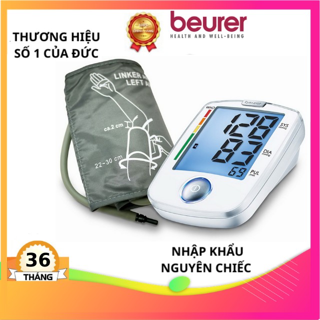 Máy đo huyết áp bắp tay Beurer BM44,nhập khẩu đức, sạc pin, lưu kết quả theo ngày giờ, tự động bơm vòng bít