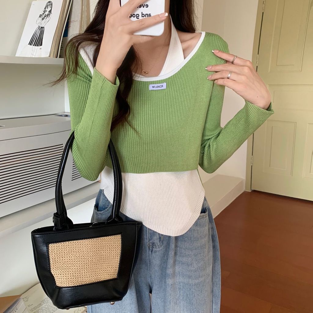 Áo Thun Dài Tay Giả Hai Lớp Phong Cách Hàn Quốc Thời Trang Mùa Thu Mới Cho Nữ