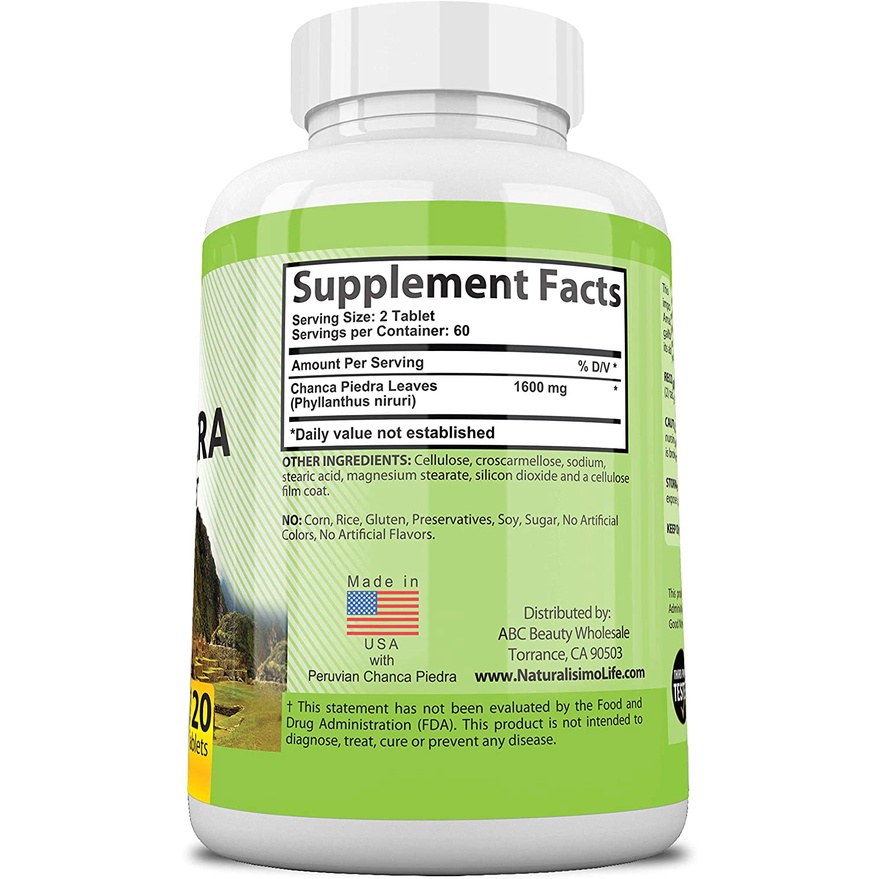 Peruvian Chanca Piedra 1600mg Naturalisimo Life Viên uống hỗ trợ đường tiết niệu, sỏi thận và sỏi mật 120 viên
