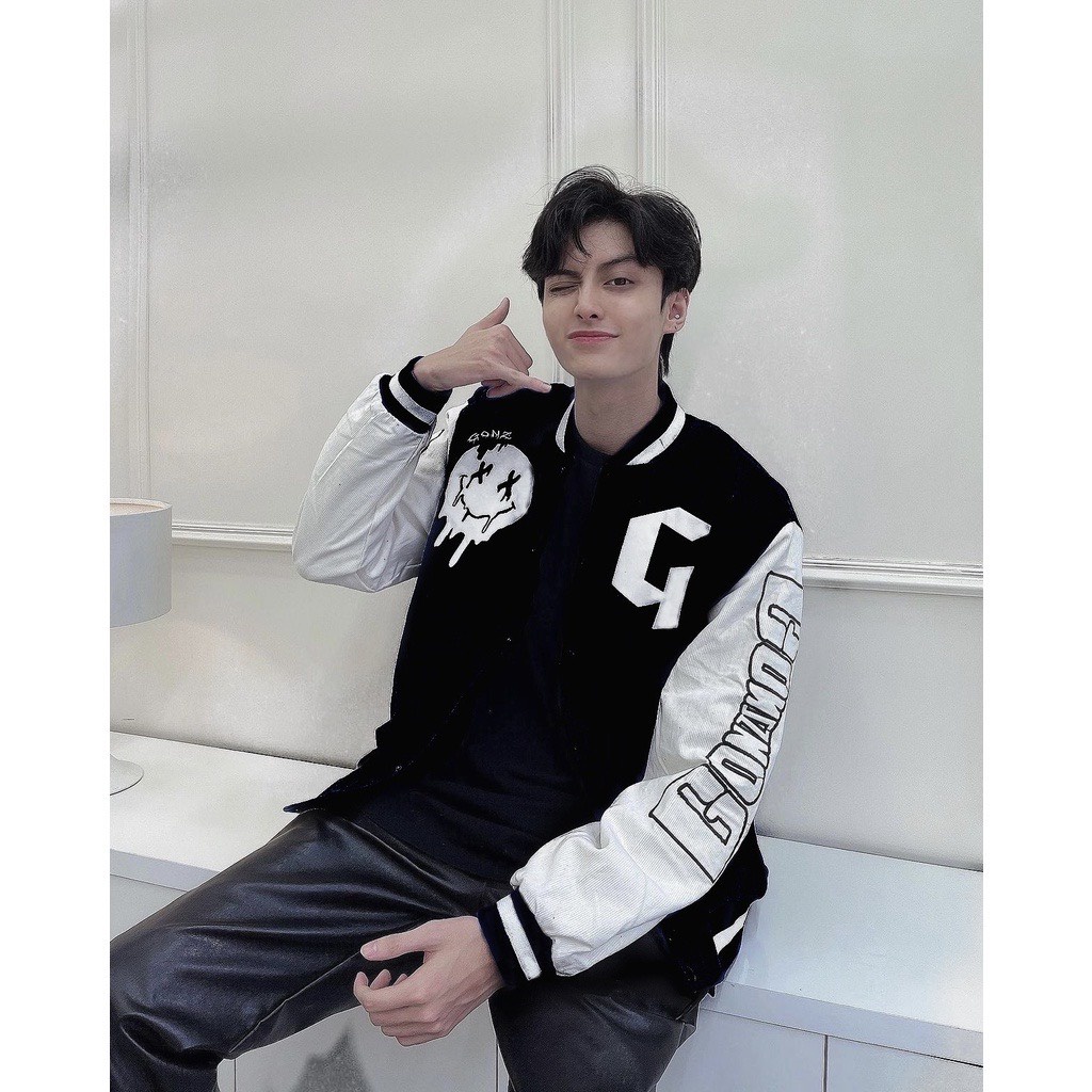 Áo bomber varsity jacket Unisex Form rộng nhung tăm 2 lớp Hình thêu 100% Bản Red (màu đỏ) Áo khoác nam nữ Gonz Bóng chày