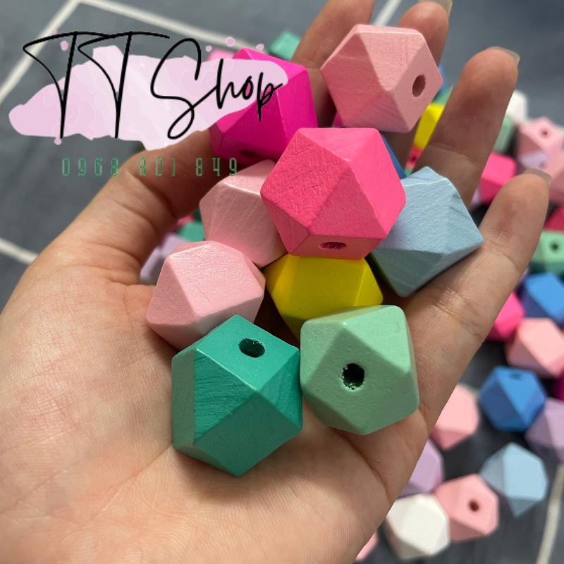 Hạt gỗ đa giác handmade kích thước 20mm trang trí làm macrame, decor, màu mộc, mix nhiều màu | TT Shop