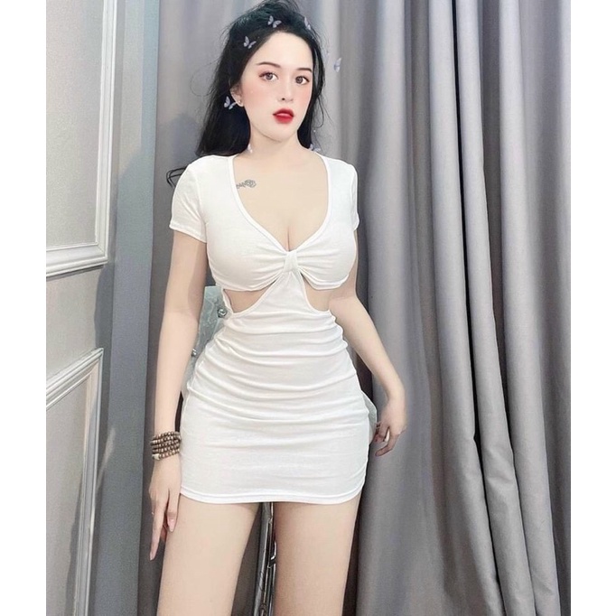 [FREESHIP] Đầm nữ ôm body form ngắn khoét eo cách điệu ngực tay ngắn 4 màu siêu xinh