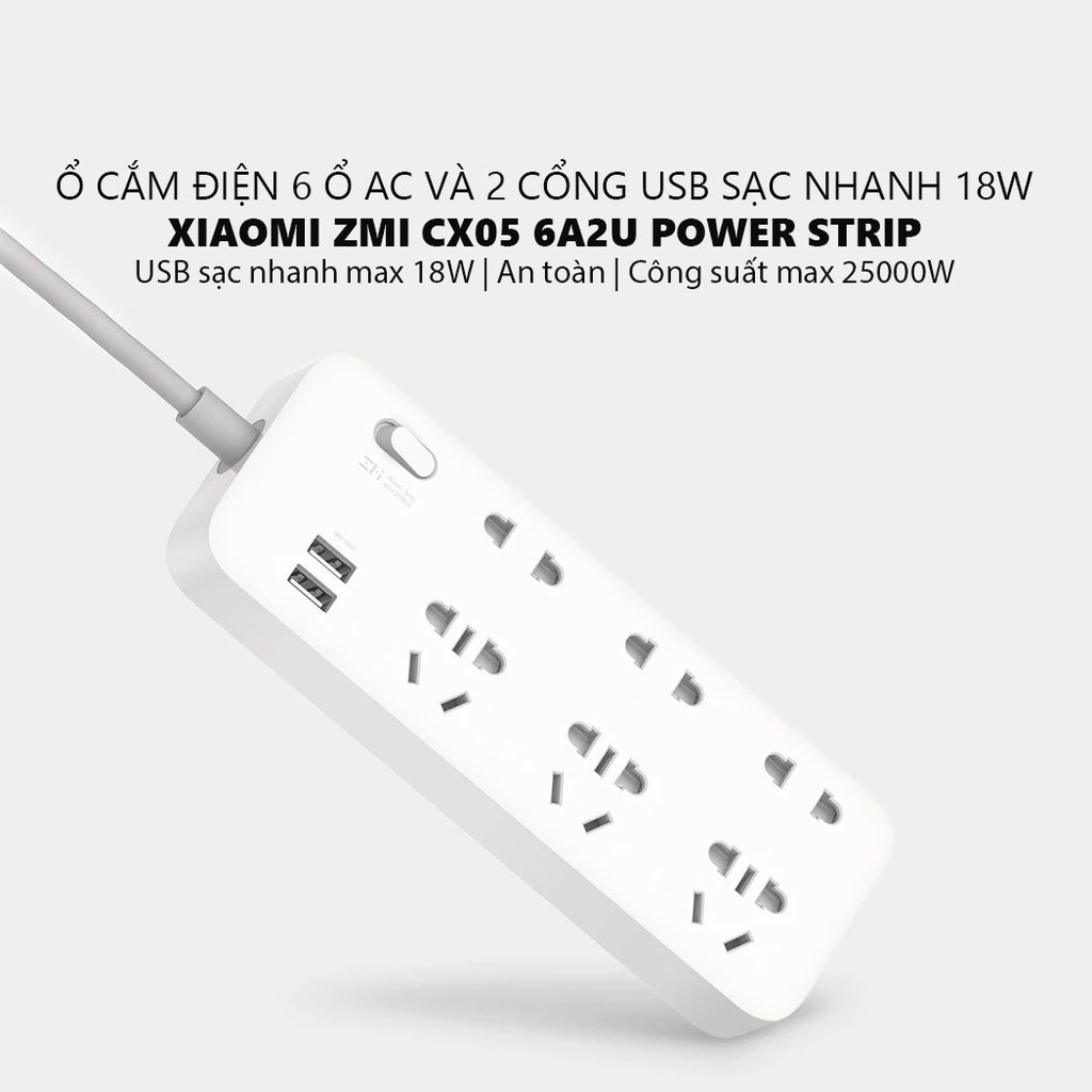 Ổ cắm điện Xiaomi Zmi CX05 6 cổng AC 2 cổng USB sạc nhanh tối đa 18W dài 1.8m -Bảo hành 6 tháng - Shop Thế giới điện máy