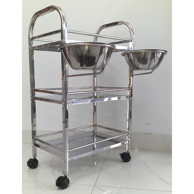 Xe đẩy inox spa 3 tầng đa năng kệ để đồ inox kèm 2 bát to cho spa thẩm mỹ viện