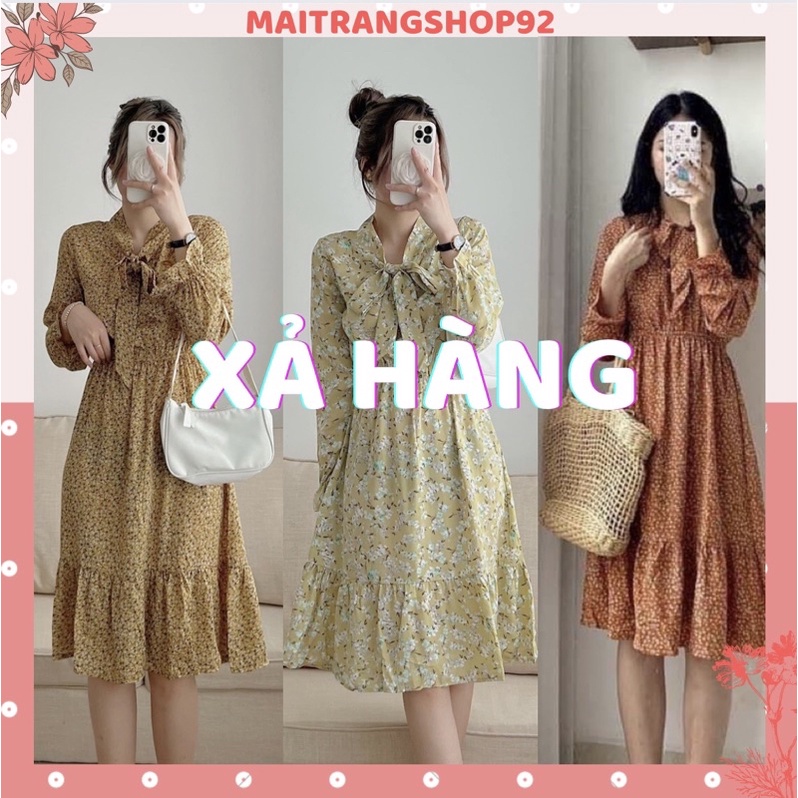 Đầm hoa nhí dáng dài đuôi bèo tay eo bo chun thắt nơ, Váy hoa công sở dịu dàng mặc đi làm đi chơi Hàn Quốc