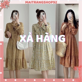 [XẢ HÀNG] Đầm hoa nhí dáng dài đuôi bèo tay eo bo chun thắt nơ, Váy hoa công sở dịu dàng mặc đi làm đi chơi Hàn Quốc