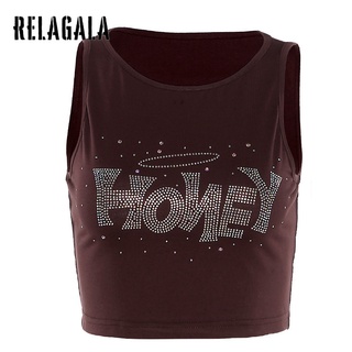 Áo Tank Top Cổ Tròn Đính Đá In Chữ Thời Trang Dễ Phối Đồ Cho Nữ