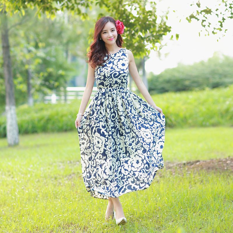 [HÀNG THIẾT KẾ] ĐẦM MAXI VOAN LỤA CAO CẤP PHỐI HOA VĂN XANH ĐẬM