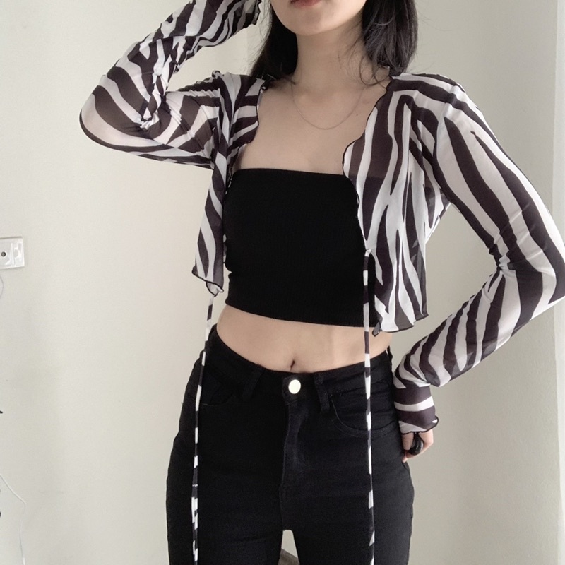 Áo Croptop Tay Dài, Áo Crt Khoác Lưới Co Giãn In Hoạ Tiết Freesize IRISVIEL