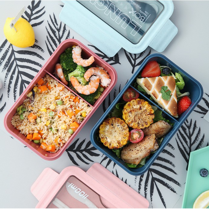 HỘP CƠM LÚA MÌ 2 NGĂN KÈM MUỖNG ĐŨA - DUNG TÍCH 1100ML | BigBuy360 - bigbuy360.vn