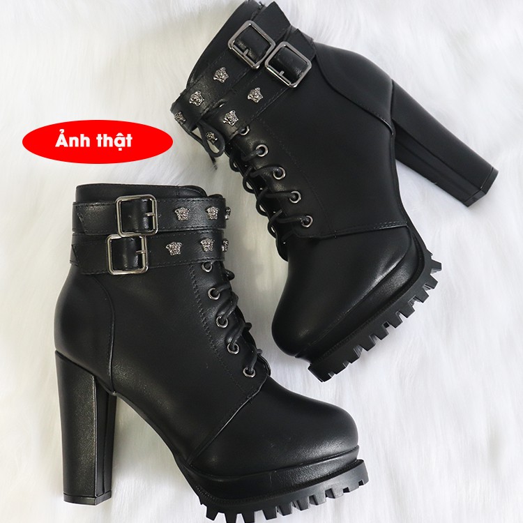 [ Có ảnh thật] Boot nữ cổ ngắn màu đen đính họa tiết cá tính GBN68