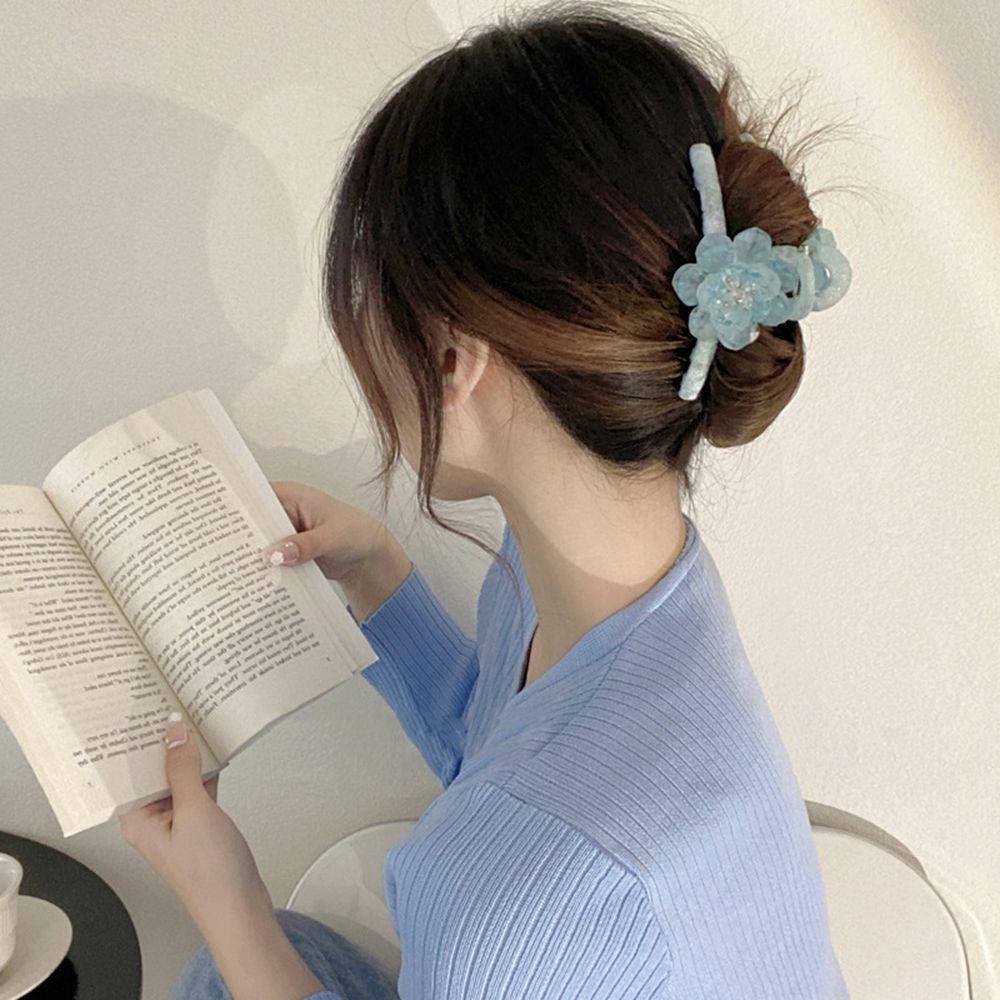 Kẹp Tóc Càng Cua Hai Lớp Hình Học Hoa Trà Xanh Dương Sáng Tạo Kiểu Pháp Cho Nữ