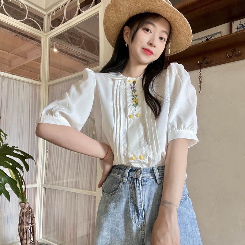 Áo Sơ Mi Tay Ngắn Cổ Búp Bê Thêu Họa Tiết Phong Cách Vintage Thời Trang Mùa Hè Cho Nữ