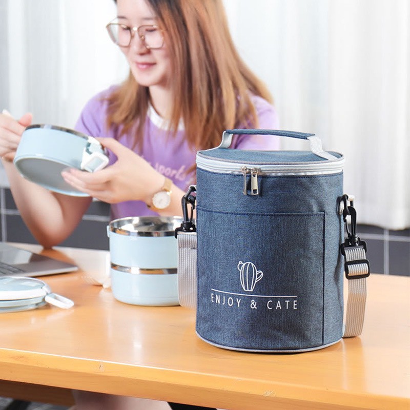 [Cao Cấp] Túi đựng đồ ăn/ đựng cơm tròn giữ nhiệt Enjoy Cate, 2 ngăn, có quai đeo, 3 lớp cách nhiệt, vải chống thấm