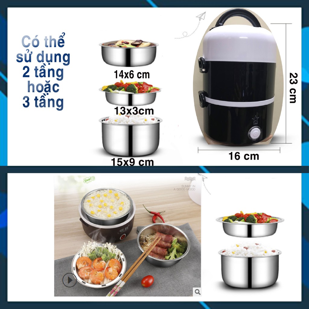 Bảo hành 1 đổi 1 Hộp cơm Văn phòng cắm điện inox 3 tầng | Hâm nóng | Cà mèn đựng cơm | Phích cắm 2 chân