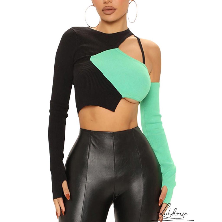 Áo thun croptop tay dài cổ tròn dáng ôm thiết kế độc đáo thời trang quyến rũ cho nữ