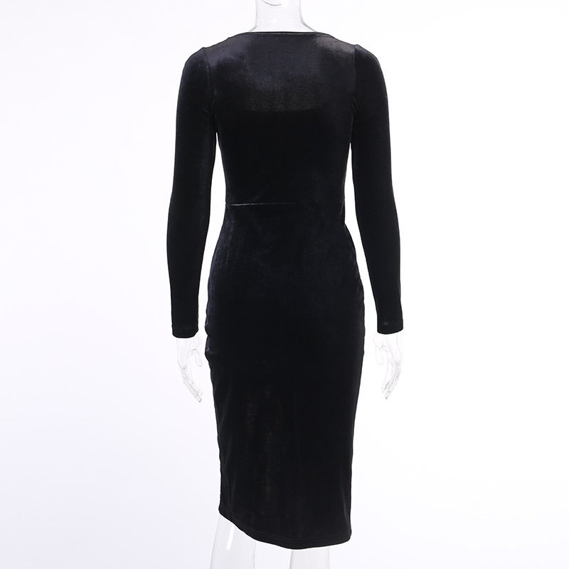 Đầm Nhung Tay Dài Cổ Vuông Thiết Kế Xẻ Tà Thời Trang Mùa Thu Thanh Lịch Cho Nữ