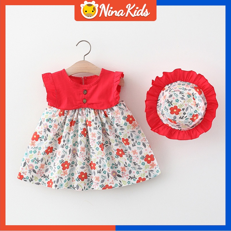Đầm hoa  không tay với mũ thời trang mùa hè cho bé gái 1-5 tuổi