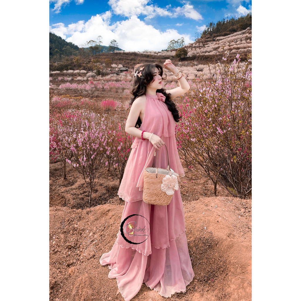 [Đầm đẹp] Đầm tầng màu hồng chất tơ hở lưng mặc cực thoải mái