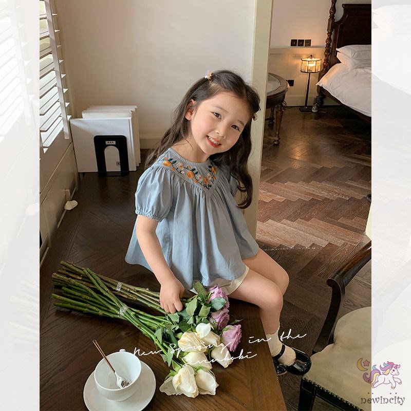 Bộ Áo Tay Phồng Thêu Hoa + Quần Short Thời Trang Mùa Hè Hàn Quốc Cho Bé Gái