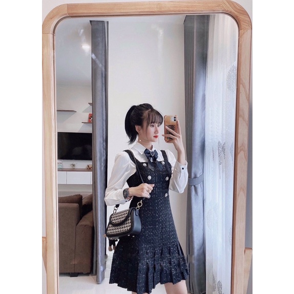 SÉT VÁY YẾM DẠ MIX ÁO SƠ MI KÈM TAG NƠ