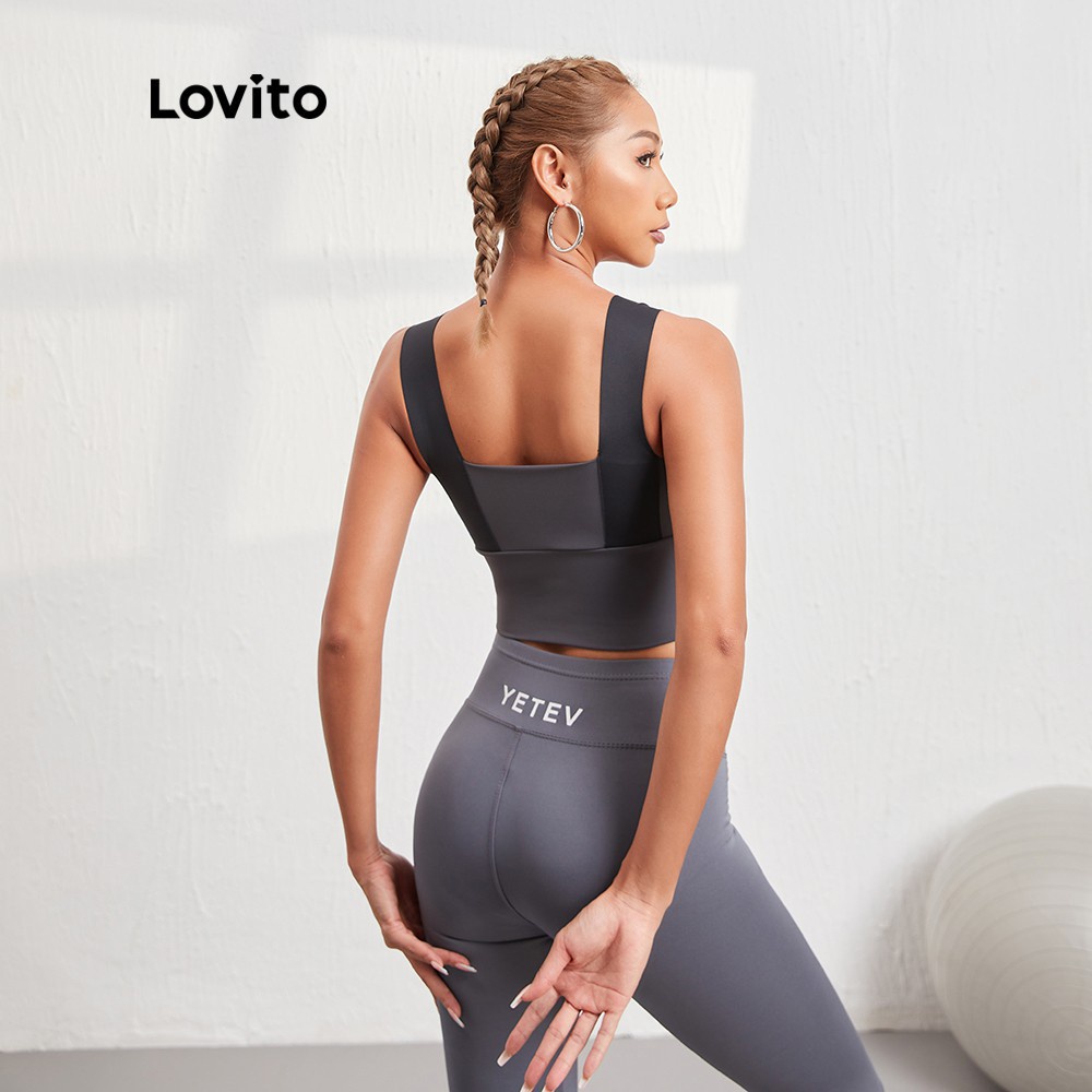 Áo bra thể thao Lovito ghép nối màu sắc nhanh khô hở lưng độ co giãn cao L08068 (màu xám)