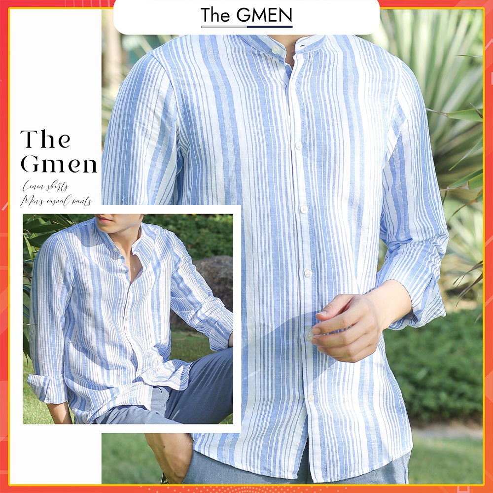 [Giảm 10% Mã SKMLTSM12] Áo sơ mi nam dài tay The GMEN Linen cổ trụ thiết kế kẻ sọc, thoáng mát, thấm hút mồ hôi | BigBuy360 - bigbuy360.vn