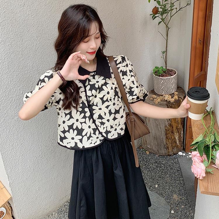 Áo sơ mi ngắn tay dáng bồng in họa tiết hoa/ Chân váy thời trang kiểu Hàn Quốc dành cho nữ