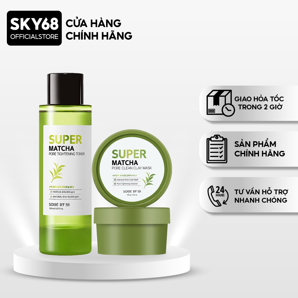 Combo Dưỡng Da Làm Sạch, Se Khít Lỗ Chân Lông Some By Mi Super Matcha Pore (Tightening Toner 150ml+Clean Clay Mask 100g)