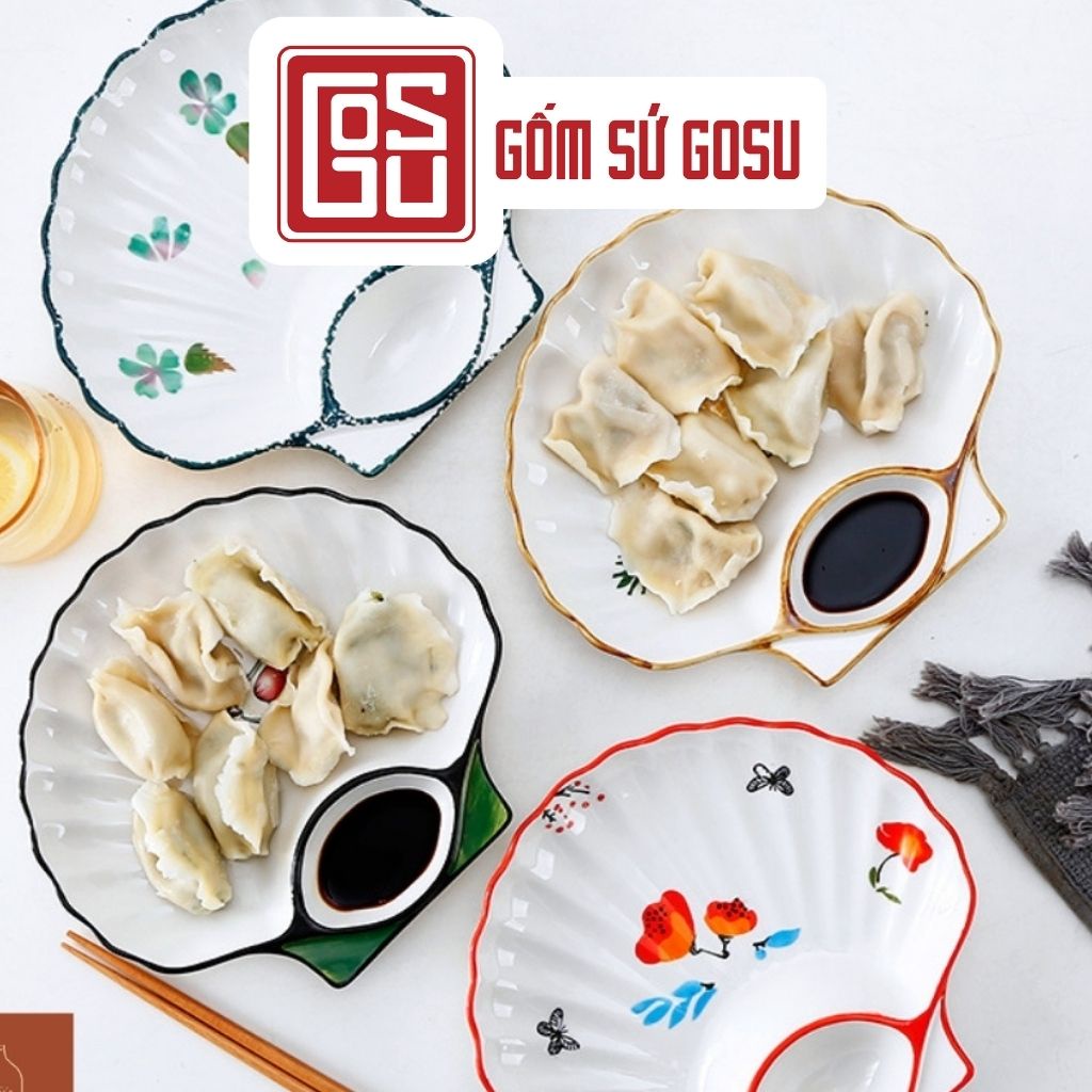 Đĩa Sứ Vỏ Sò Kèm Khay Chấm cao cấp Gosu Dày Dặn Men Sáng Đẹp
