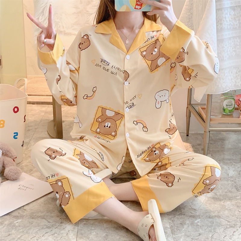 Bộ đồ ngủ Pijama lụa cotton tay dài siêu dễ thương
