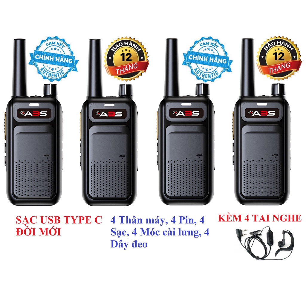Bộ 4 Chiếc Bộ đàm Sạc USB Type C Đời mới  ABS AB588 (Loa to&amp; Chống Từ tính, Cự ly liên lạc Xa, Pin sử dụng&gt;15 Tiếng)