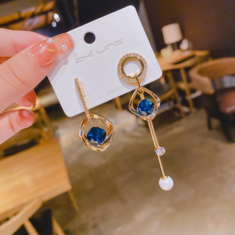 Bông Tai Mạ Bạc 925 Đính Đá Xanh Dương Phong Cách Hàn Quốc Thời Trang