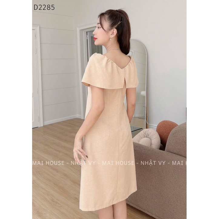 Đầm Nữ NHẬT VY Sát Nách Cổ V Tay Bèo Trễ Vai Chất Linen Đi Tiệc Dáng Suông Màu Xanh, Nude - D2285