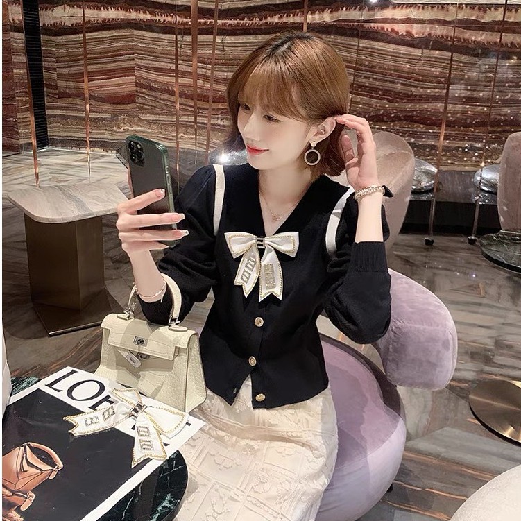 Áo len Cardigan dệt kim Quảng Châu cao cấp, áo Cadigan tiểu thư cổ phụ kiện thương hiệu thời trang D&R A005 | BigBuy360 - bigbuy360.vn