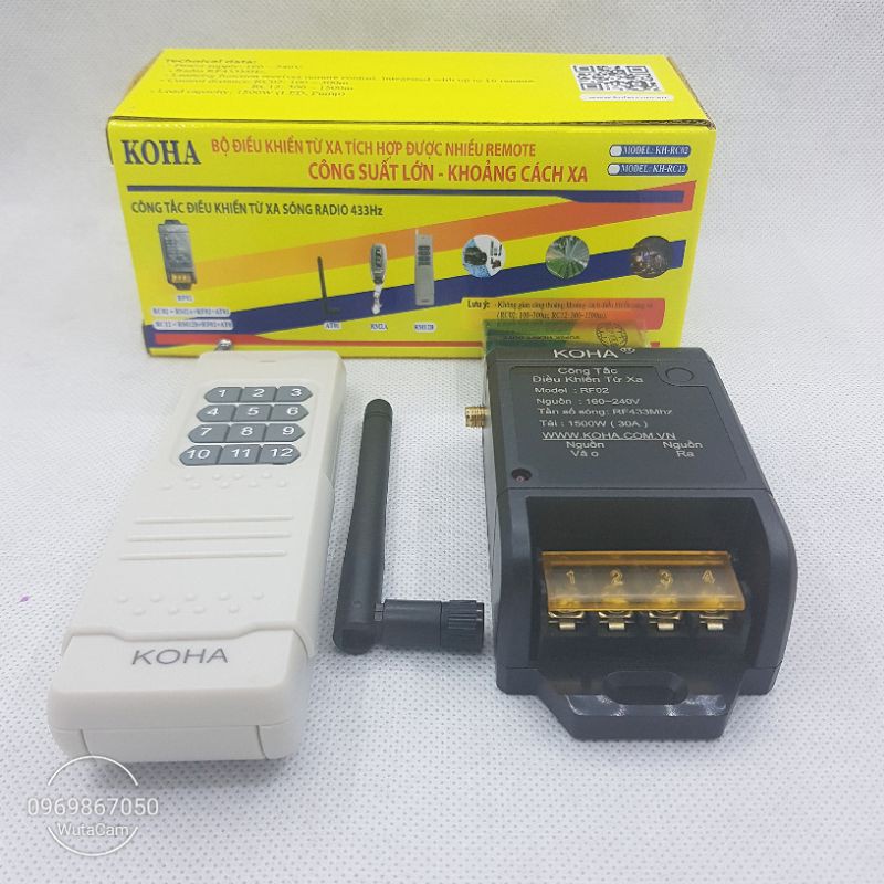 Công tắc điều khiển từ xa KOHA- RC02 công suất lớn 220V-30A-1000m dùng cho máy bơm ,moto điện..