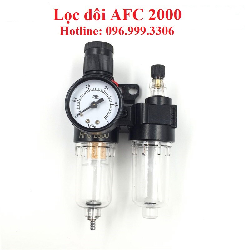 Bộ lọc đôi AFC2000 tách nước và châm dầu, kèm van giảm áp và đồng hồ ren 13mm giá sỉ