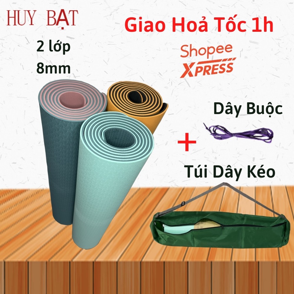 Thảm Tập Yoga Huy Bạt 2 Lớp 8mm Chất Liệu Thảm Tập Yoga Tpe Bền Và Nhẹ Tặng Kèm Túi Đựng Và Dây Buộc Thảm Yoga.