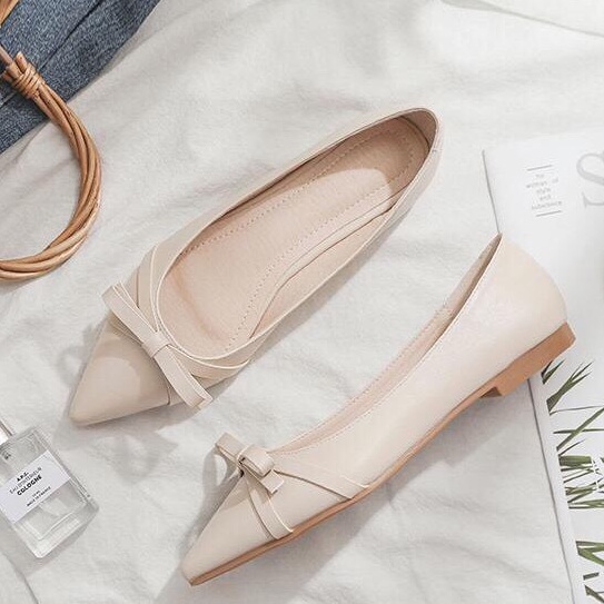 Giày bệt đính nơ BBB3 màu kem siêu xinh, giày ngoại cỡ, size to, bigsize