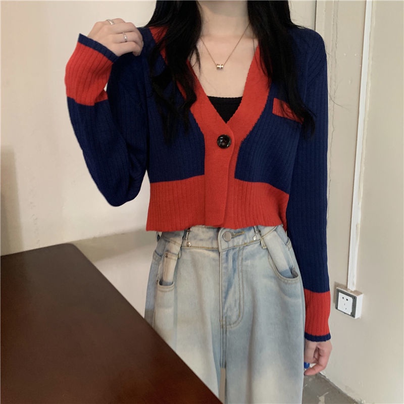 Áo Khoác Cardigan Dệt Kim Tay Dài Màu Sắc Tương Phản Phong Cách Retro Dành Cho Nữ